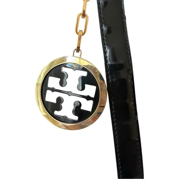 TORY BURCH Large Logo Charm Tote Black Canvas Patent Leather EUC - Picture 3 of 10